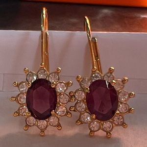 Stunning Gold-Tone Roman Earrings, Pretty Purple stone. Signed